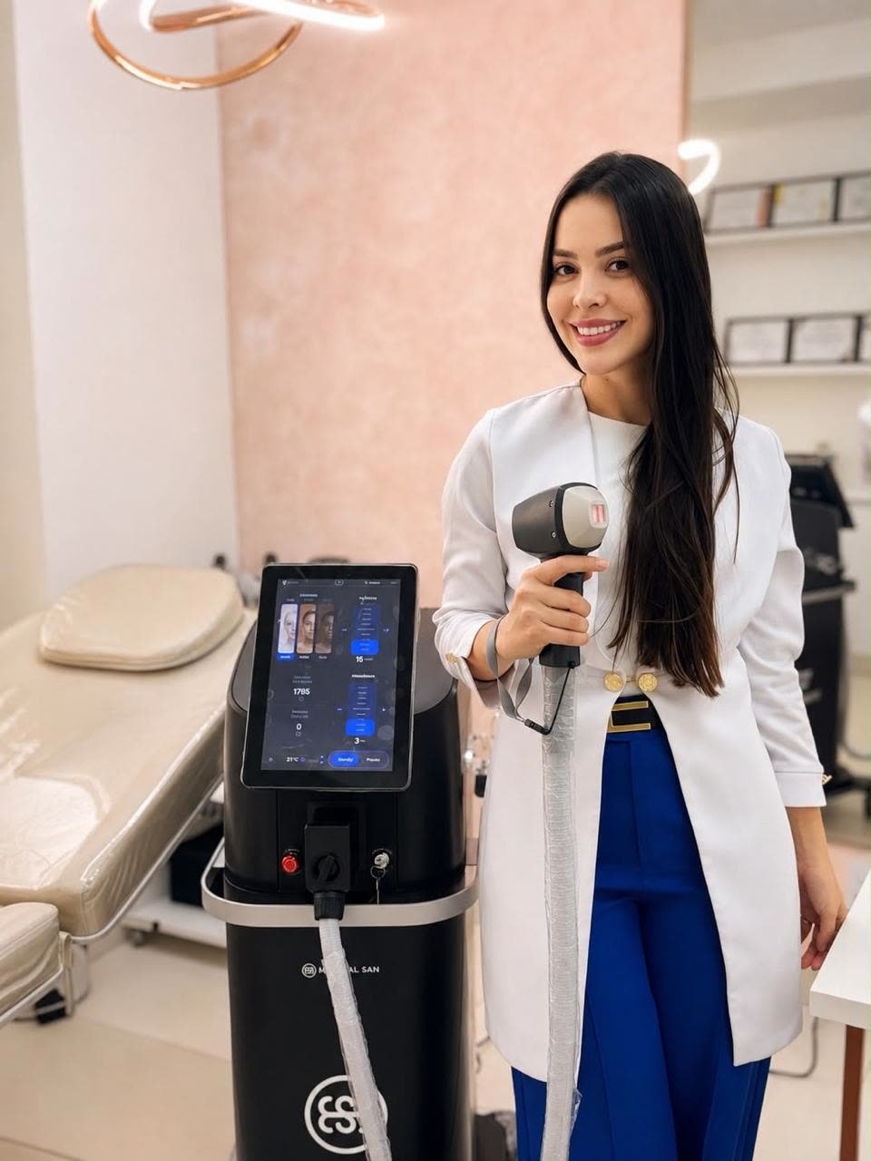 Dra. Estefania Rocha com equipamento de estética regenerativa na clínica